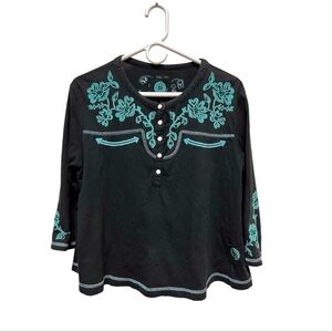 Double D Ranch Shirt Black with Blue Floral Embroidery Top Tee boho RTL $225 EUC